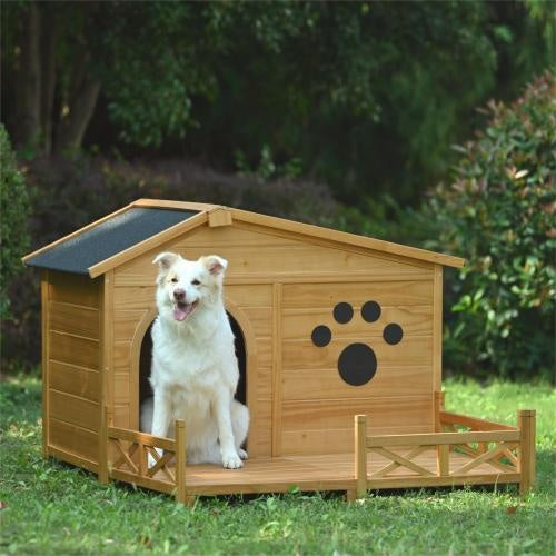 48 Wooden Dog House Outdoor With Porch, Dog Kennel With Water-Resistant Asphalt Roof And Fencing,Indoor & Outdoor Dog Crate With Paw Print, Medium, Nature - YUTANI RETRO TECH
