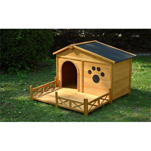 48 Wooden Dog House Outdoor With Porch, Dog Kennel With Water-Resistant Asphalt Roof And Fencing,Indoor & Outdoor Dog Crate With Paw Print, Medium, Nature - YUTANI RETRO TECH