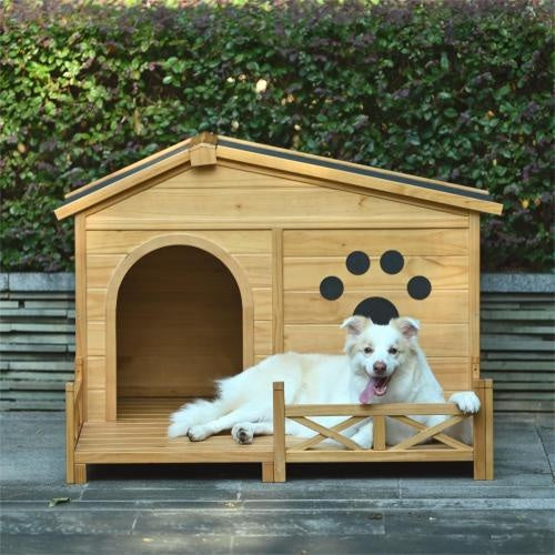 48 Wooden Dog House Outdoor With Porch, Dog Kennel With Water-Resistant Asphalt Roof And Fencing,Indoor & Outdoor Dog Crate With Paw Print, Medium, Nature - YUTANI RETRO TECH