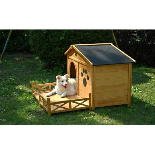 48 Wooden Dog House Outdoor With Porch, Dog Kennel With Water-Resistant Asphalt Roof And Fencing,Indoor & Outdoor Dog Crate With Paw Print, Medium, Nature - YUTANI RETRO TECH