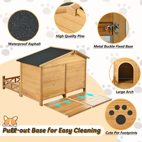 48 Wooden Dog House Outdoor With Porch, Dog Kennel With Water-Resistant Asphalt Roof And Fencing,Indoor & Outdoor Dog Crate With Paw Print, Medium, Nature - YUTANI RETRO TECH