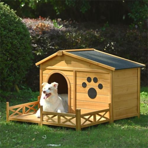 48 Wooden Dog House Outdoor With Porch, Dog Kennel With Water-Resistant Asphalt Roof And Fencing,Indoor & Outdoor Dog Crate With Paw Print, Medium, Nature - YUTANI RETRO TECH