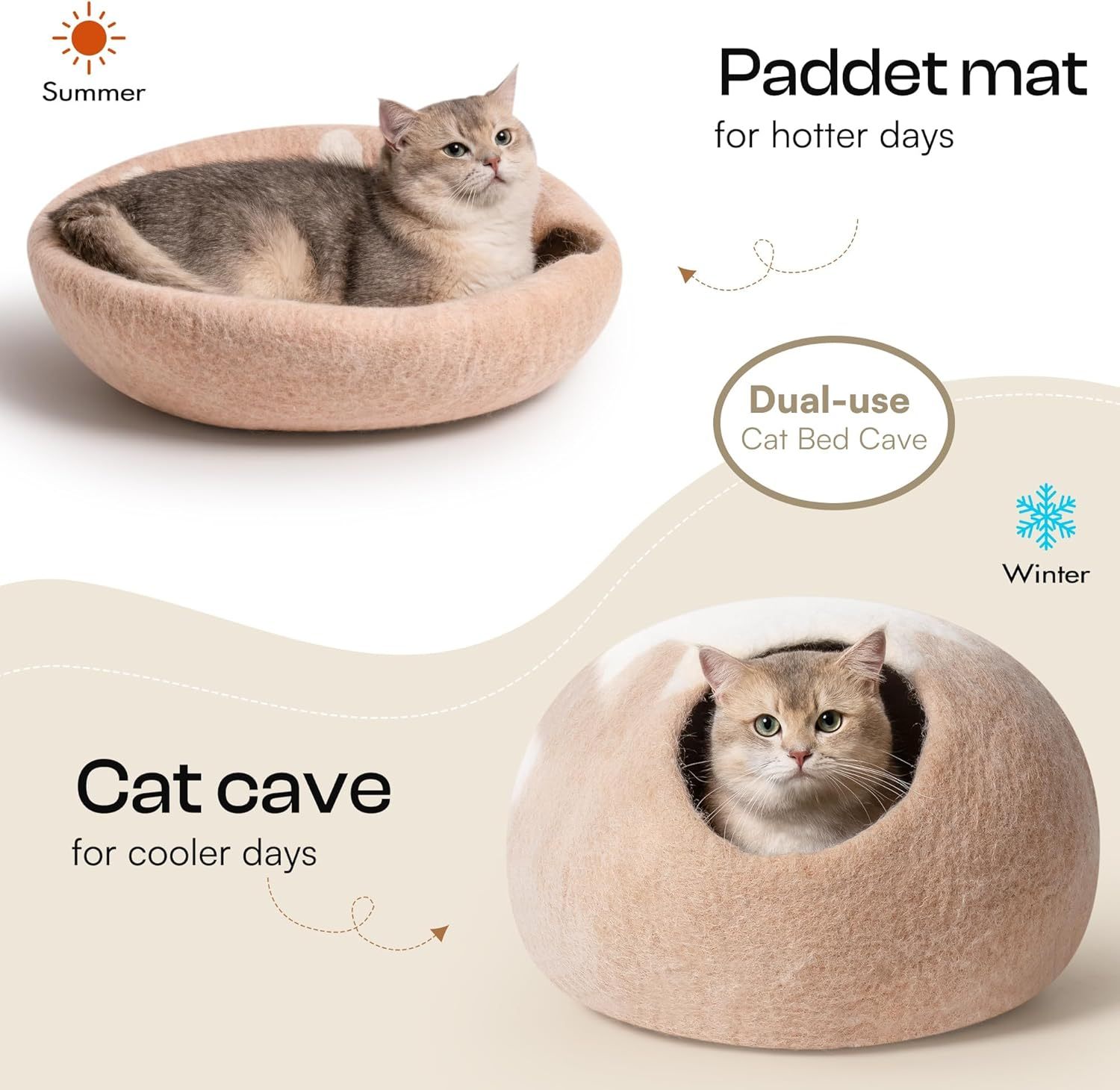 MEWOOFUN Handmade Wool Cat Cave Bed - Natural Felt Hideaway House For Indoor Cats & Kittens, Breathable Warm Pet Bed Grey, Medium - YUTANI RETRO TECH