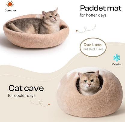 MEWOOFUN Handmade Wool Cat Cave Bed - Natural Felt Hideaway House For Indoor Cats & Kittens, Breathable Warm Pet Bed Grey, Medium - YUTANI RETRO TECH