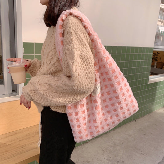 Waffle Flannel Bag Tote Bag Large Capacity Commute Minimalist Student Class Bag - YUTANI RETRO TECH