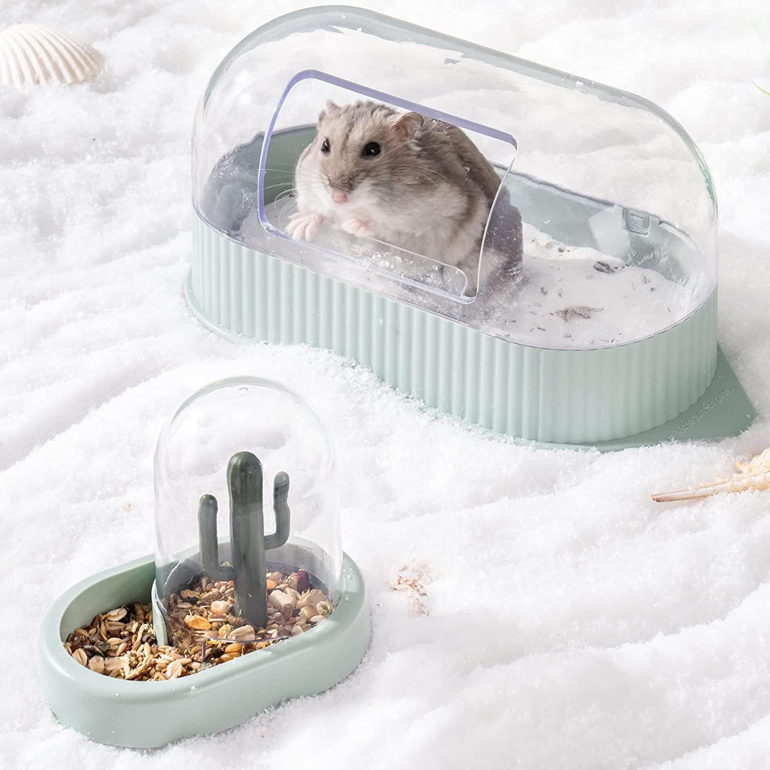 MEWOOFUN Hamster Sand Bath Set - Dual-Use Container & Bowl For Hamsters, Mice & Small Pets, Cage Accessories Green - YUTANI RETRO TECH