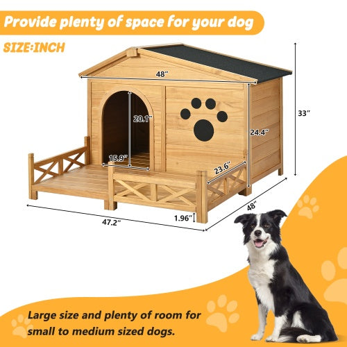 48 Wooden Dog House Outdoor With Porch, Dog Kennel With Water-Resistant Asphalt Roof And Fencing,Indoor & Outdoor Dog Crate With Paw Print, Medium, Nature - YUTANI RETRO TECH