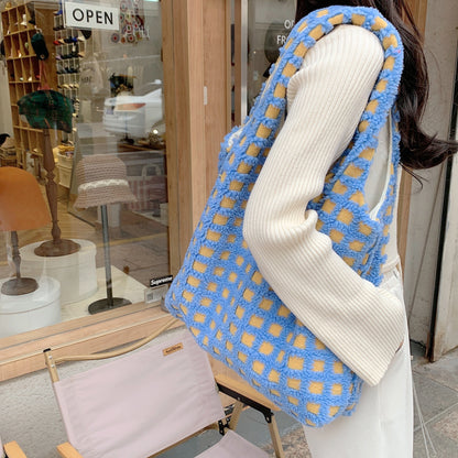 Waffle Flannel Bag Tote Bag Large Capacity Commute Minimalist Student Class Bag - YUTANI RETRO TECH