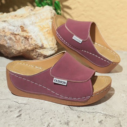 Summer Wedge Slides Slippers Fashion Fish Mouth Thick Bottom Roman Shoes Solid Color Beach Sandals For Women - YUTANI RETRO TECH