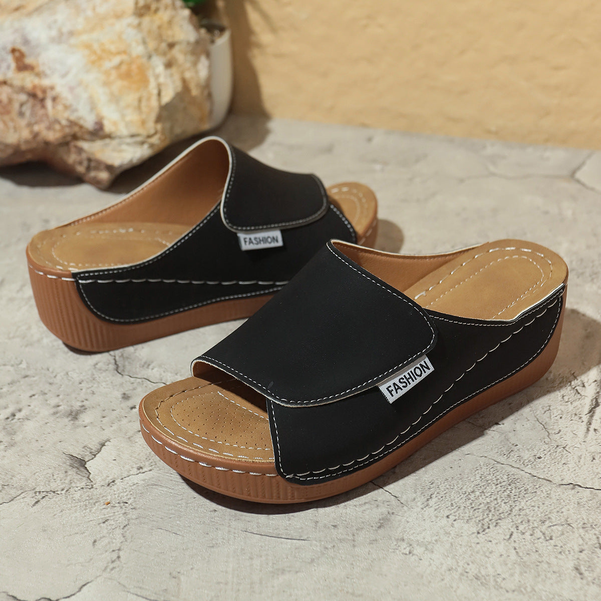 Summer Wedge Slides Slippers Fashion Fish Mouth Thick Bottom Roman Shoes Solid Color Beach Sandals For Women - YUTANI RETRO TECH