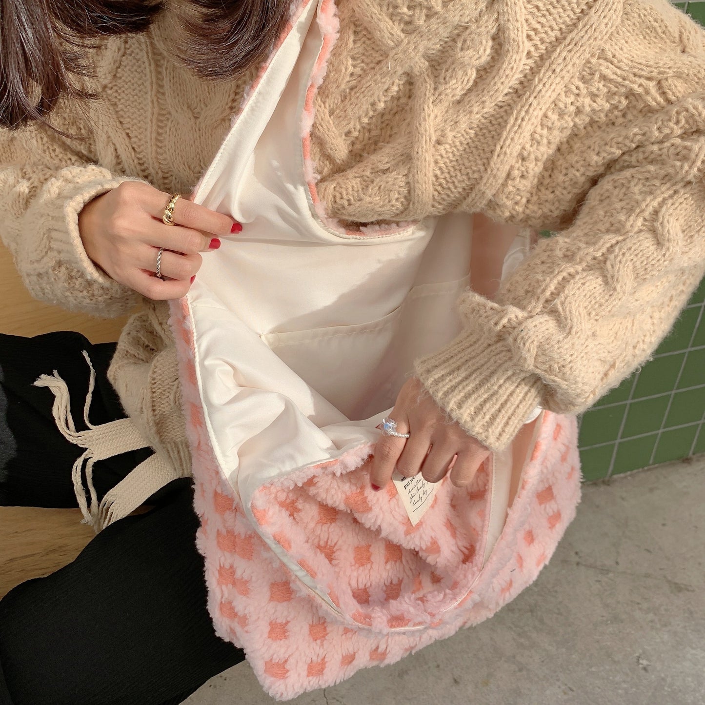 Waffle Flannel Bag Tote Bag Large Capacity Commute Minimalist Student Class Bag - YUTANI RETRO TECH