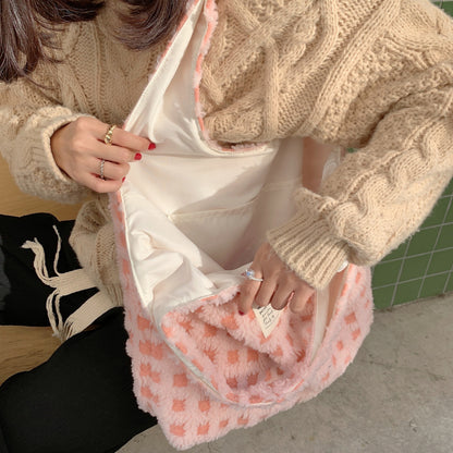 Waffle Flannel Bag Tote Bag Large Capacity Commute Minimalist Student Class Bag - YUTANI RETRO TECH