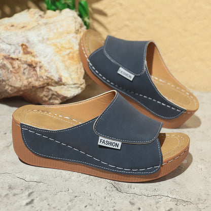 Summer Wedge Slides Slippers Fashion Fish Mouth Thick Bottom Roman Shoes Solid Color Beach Sandals For Women - YUTANI RETRO TECH
