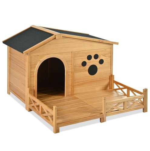 48 Wooden Dog House Outdoor With Porch, Dog Kennel With Water-Resistant Asphalt Roof And Fencing,Indoor & Outdoor Dog Crate With Paw Print, Medium, Nature - YUTANI RETRO TECH