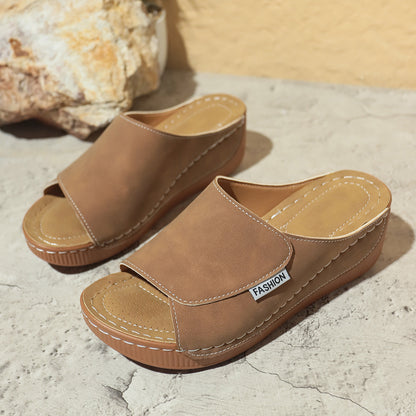Summer Wedge Slides Slippers Fashion Fish Mouth Thick Bottom Roman Shoes Solid Color Beach Sandals For Women - YUTANI RETRO TECH