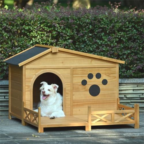 48 Wooden Dog House Outdoor With Porch, Dog Kennel With Water-Resistant Asphalt Roof And Fencing,Indoor & Outdoor Dog Crate With Paw Print, Medium, Nature - YUTANI RETRO TECH