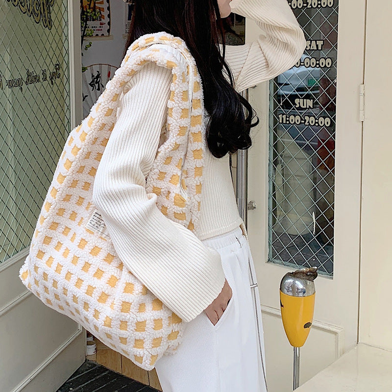 Waffle Flannel Bag Tote Bag Large Capacity Commute Minimalist Student Class Bag - YUTANI RETRO TECH
