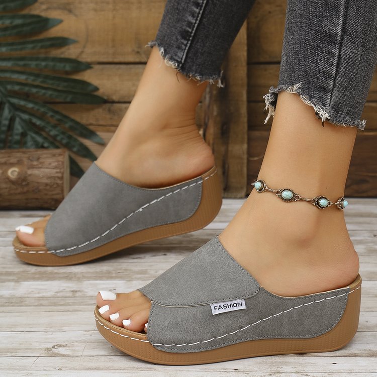 Summer Wedge Slides Slippers Fashion Fish Mouth Thick Bottom Roman Shoes Solid Color Beach Sandals For Women - YUTANI RETRO TECH