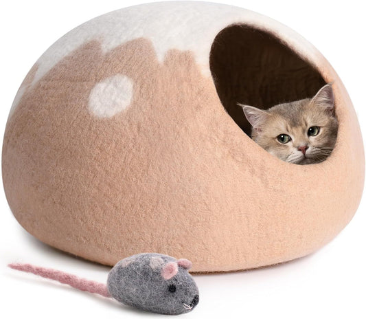 MEWOOFUN Handmade Wool Cat Cave Bed - Natural Felt Hideaway House For Indoor Cats & Kittens, Breathable Warm Pet Bed Grey, Medium - YUTANI RETRO TECH
