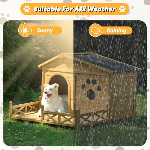 48 Wooden Dog House Outdoor With Porch, Dog Kennel With Water-Resistant Asphalt Roof And Fencing,Indoor & Outdoor Dog Crate With Paw Print, Medium, Nature - YUTANI RETRO TECH