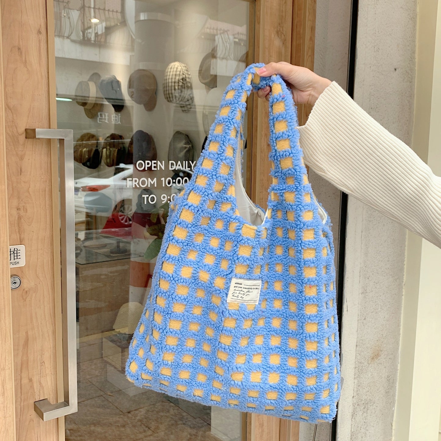 Waffle Flannel Bag Tote Bag Large Capacity Commute Minimalist Student Class Bag - YUTANI RETRO TECH